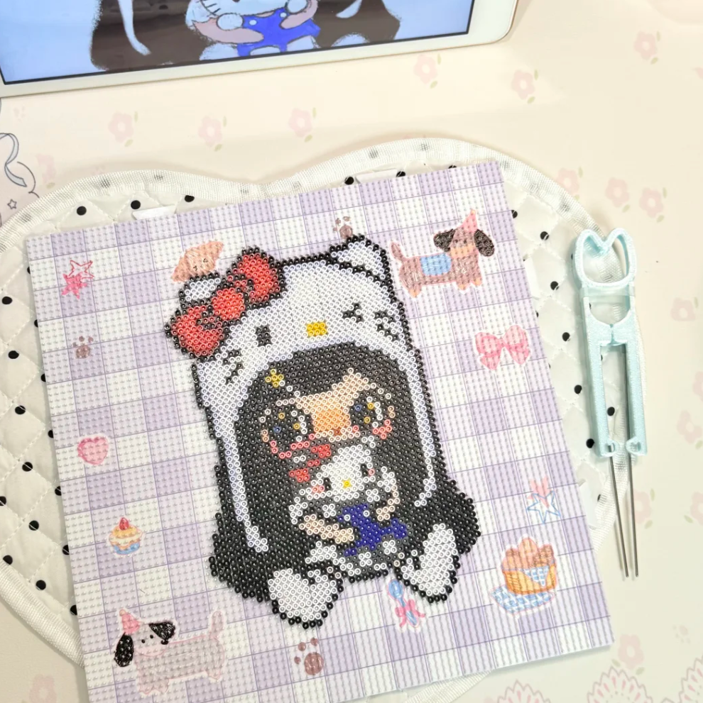 Freckled Girl with Cat Ears – Holding a Plush – Perler Art