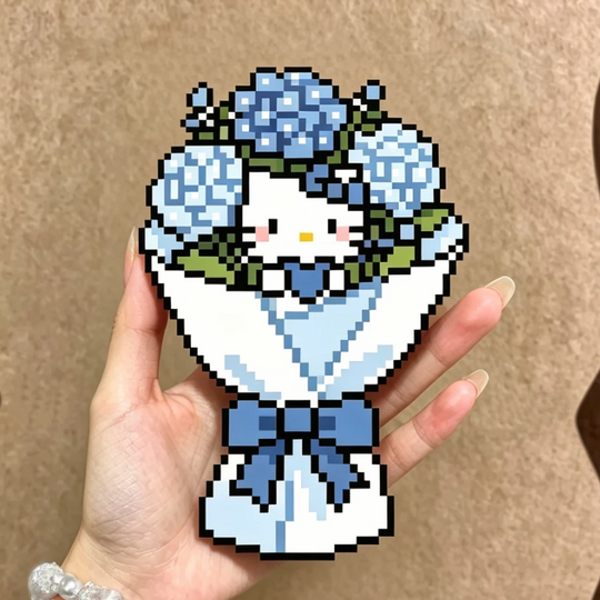 Blue Hydrangea Bouquet – Hello Kitty Floral Pixel Art – Cool Blue & White 3D Sculpture