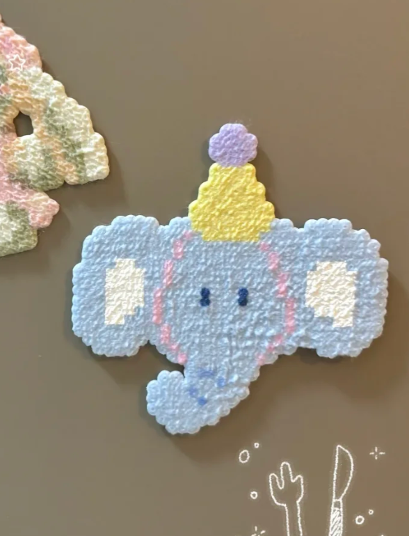 Pastel Party Hat Baby Elephant Plush Punch Needle Drink Coaster