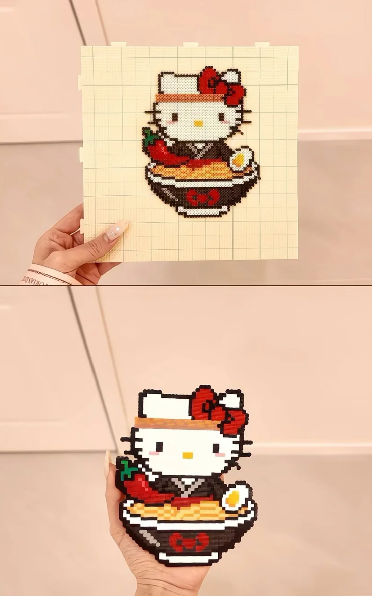 Hello Kitty Ramen Chef – 3D Pixel Sculpture with Black Bowl, Noodles & Egg – Izakaya Style Decor