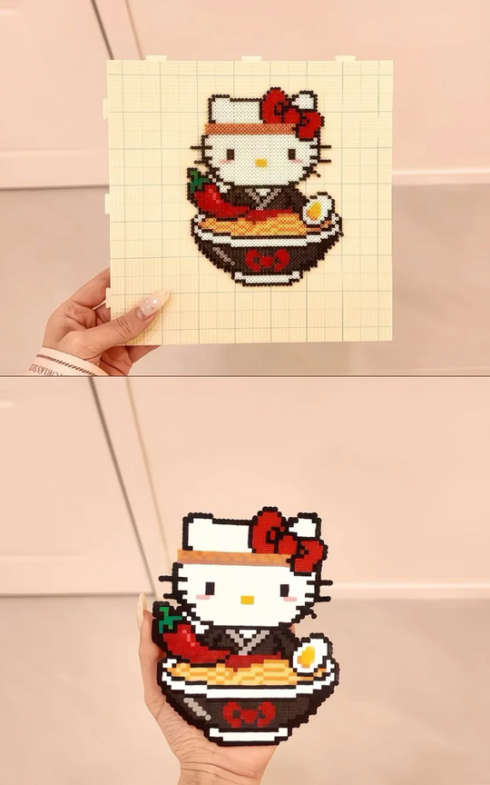 Hello Kitty Ramen Chef – 3D Pixel Sculpture with Black Bowl, Noodles & Egg – Izakaya Style Decor