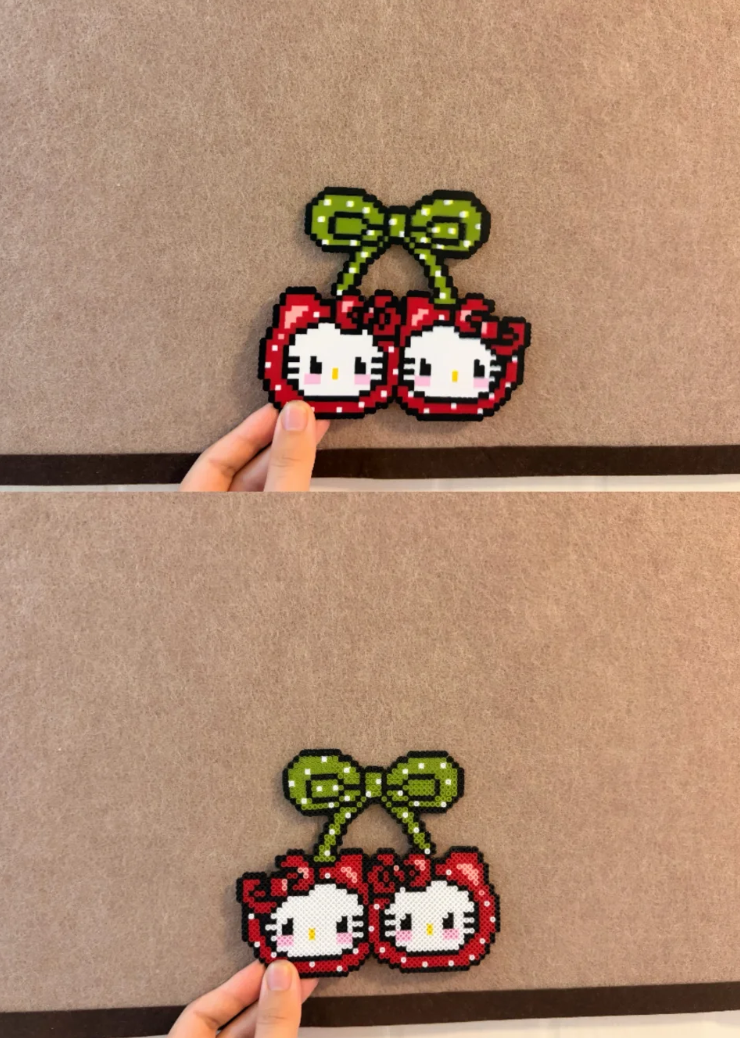 Polka Dot Cherry Hello Kitty Perler Bead Cutout | Kawaii Backpack Charm & Fridge Magnet