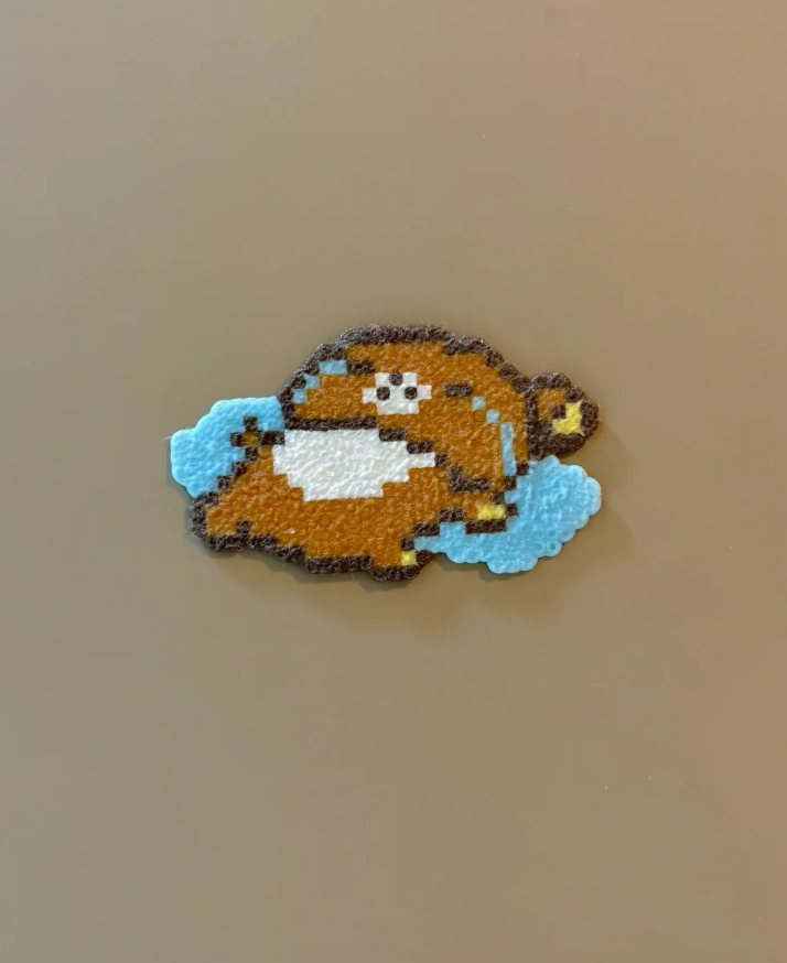 Cute Brown Creature On Blue Cloud Perler Bead Charm | Kawaii Pixel Accessory