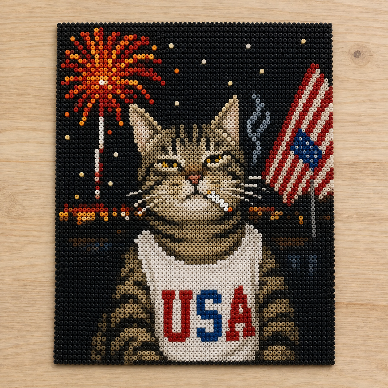 4th of July Cat with Fireworks – Patriotic Perler Bead Art