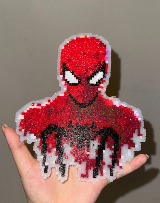 Glitter Translucent Red Spider-Man Bust Perler Bead Coaster & Backpack Charm