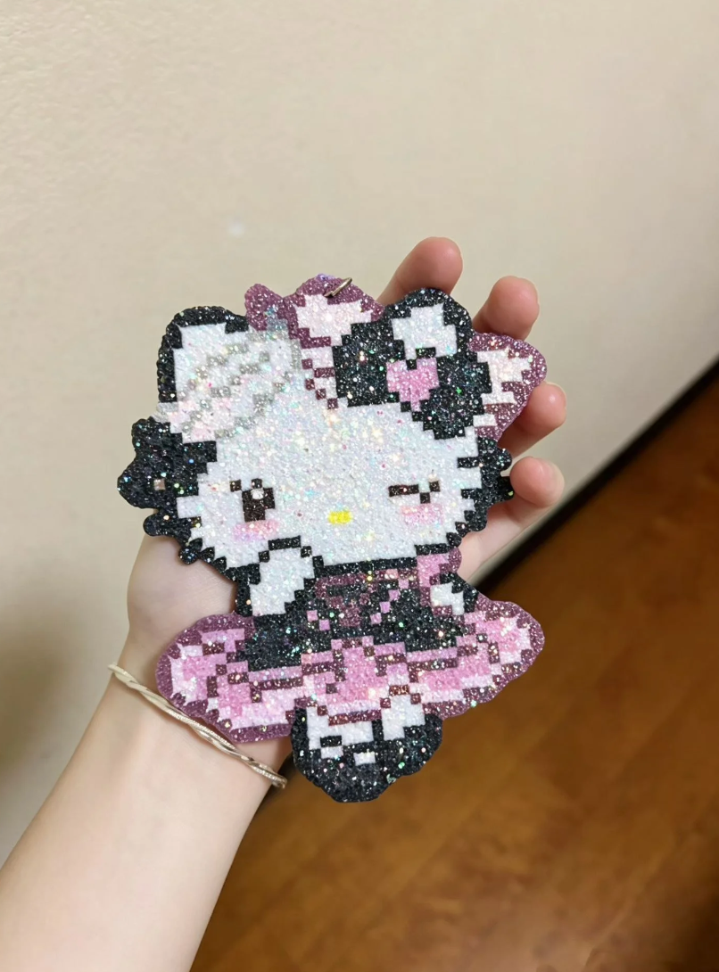 Dark Sweet Hello Kitty Keychain – Bling Glitter Pixel Charm with Wink & Lolita Dress – Goth Kawaii Decor