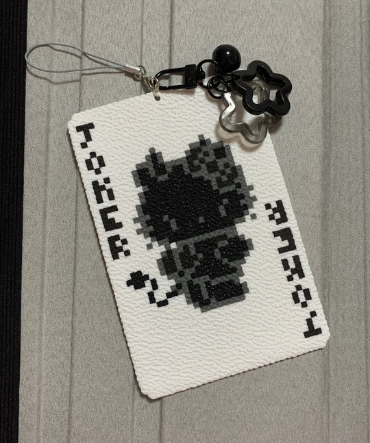 Grayscale Pixel Devil Kitten Faux Leather Card Holder With Star Cloud Charm Chain