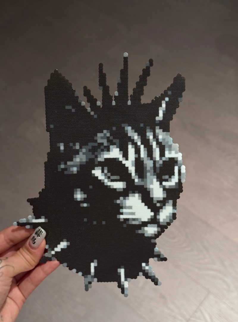 Spiky Punk Grayscale Cat Head Perler Bead Charm | Goth Alt Backpack Accessory & Coaster