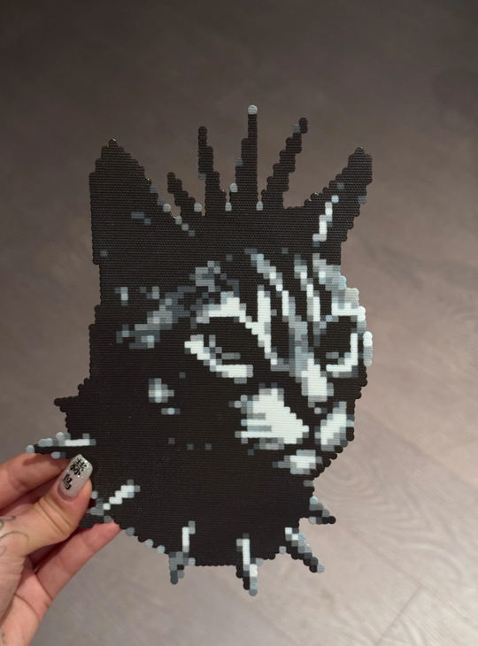 Spiky Punk Grayscale Cat Head Perler Bead Charm | Goth Alt Backpack Accessory & Coaster