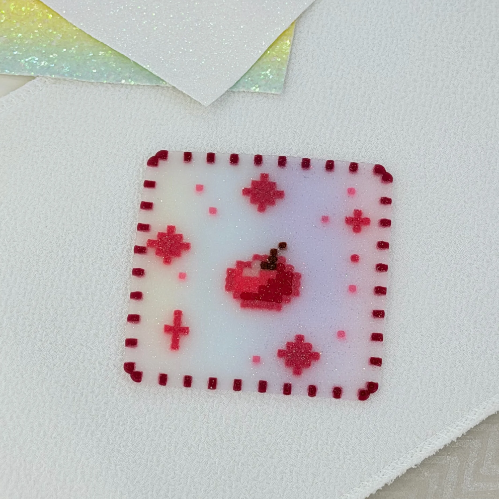 Sparkle Translucent Cherry Pixel Perler Bead Coaster | Cute Red Cross Stitch Handmade Cup Mat