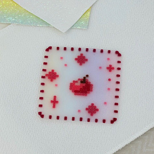 Sparkle Translucent Cherry Pixel Perler Bead Coaster | Cute Red Cross Stitch Handmade Cup Mat