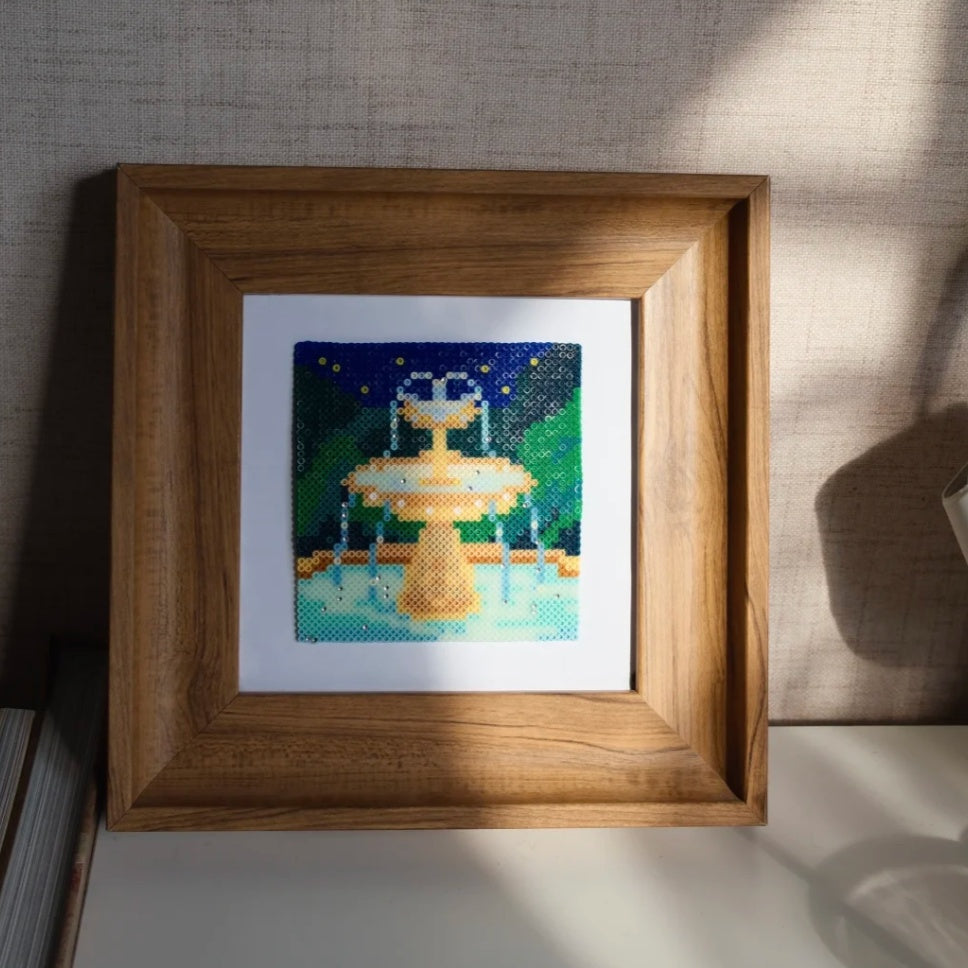 Forest Fountain Perler Coaster – Woodland Spring Pixel Art (5.5"×5.5")