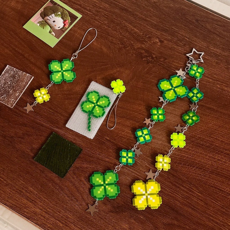 Clover Perler Bead Strap | Handmade Pixel Charm – Long / Short
