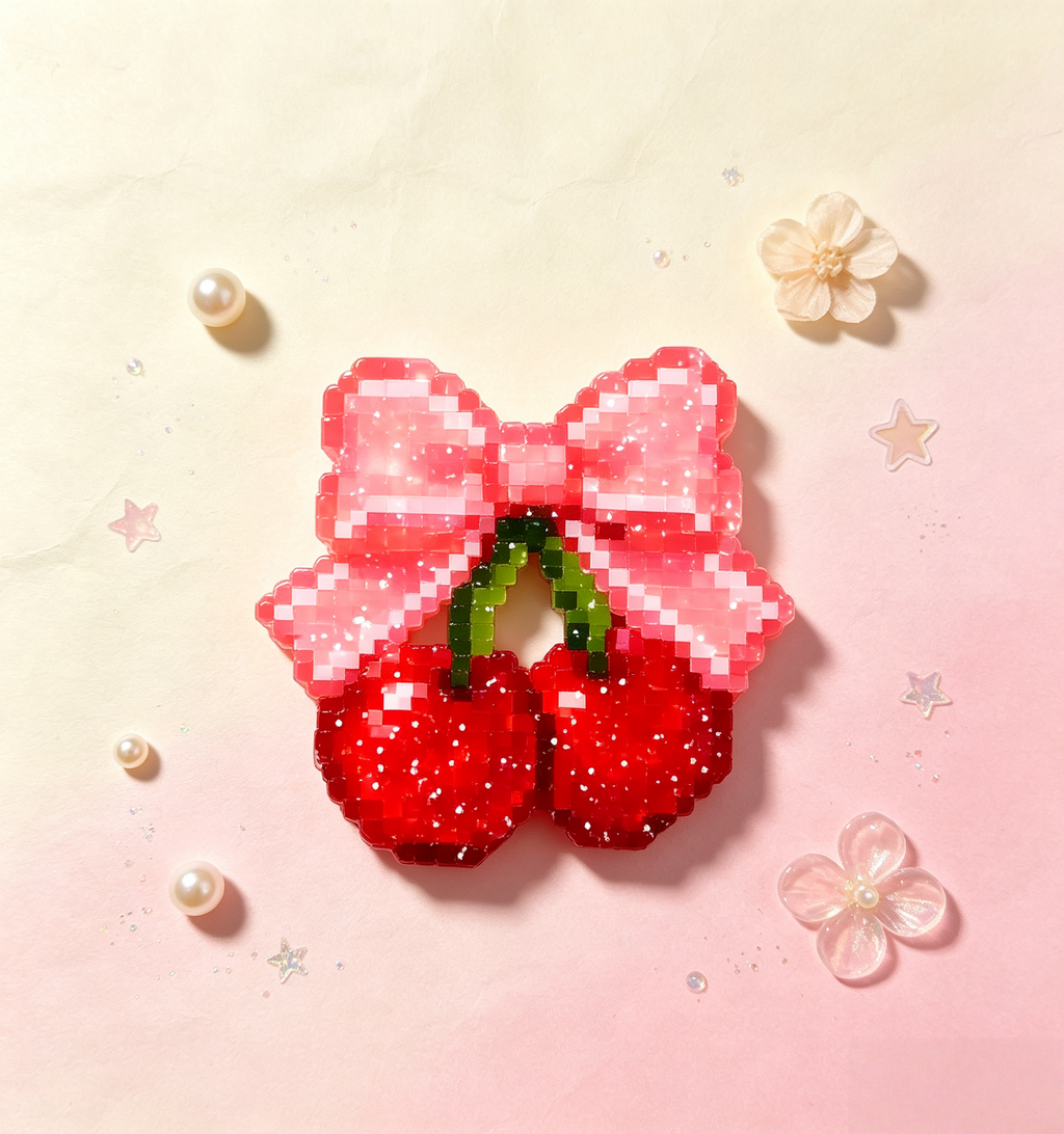 Glitter Pink Bow Cherry Pixel Perler Bead Charm | Kawaii Girly Backpack Accessory & Coaster