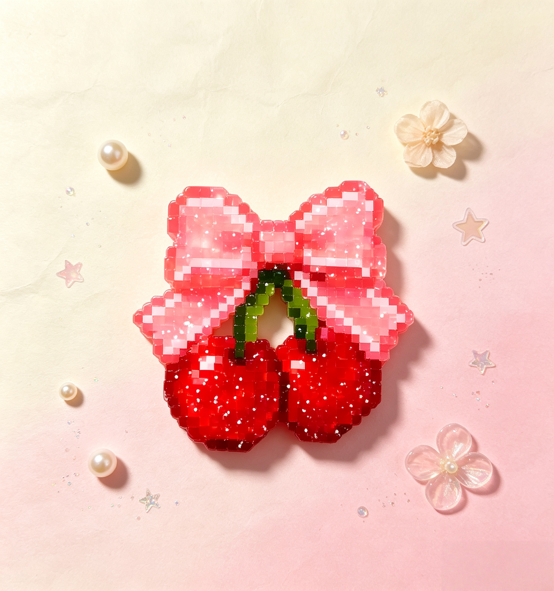Glitter Pink Bow Cherry Pixel Perler Bead Charm | Kawaii Girly Backpack Accessory & Coaster