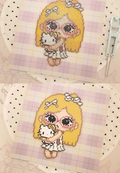 Cute Girl with Hello Kitty Plush – Two‑Panel Pixel Art (Grid + Freestanding) – Soft Kawaii Decor