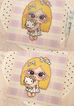 Cute Girl with Hello Kitty Plush – Two‑Panel Pixel Art (Grid + Freestanding) – Soft Kawaii Decor