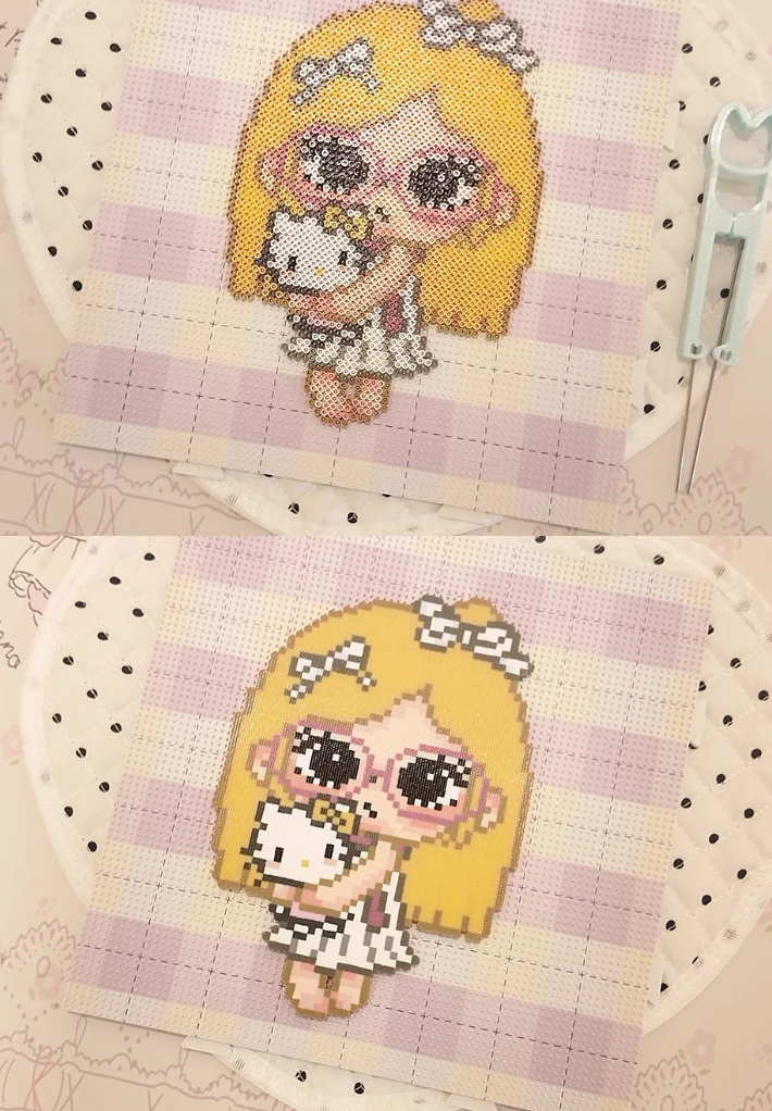 Cute Girl with Hello Kitty Plush – Two‑Panel Pixel Art (Grid + Freestanding) – Soft Kawaii Decor