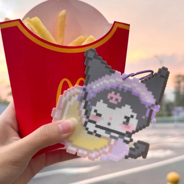 Kuromi‑Style Pixel Keychain – Winking Devil Girl with French Fry Base – Cute Pastel Charm