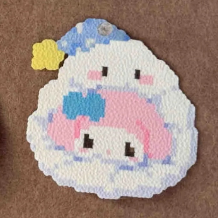 Four Characters in a Cat Bed – Complete Set of 4 – Perler Bead Art (White Kitten, Pink Rabbit, Lamb & Black Kitten)