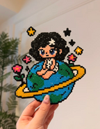 Space Girl & Planet Pixel Charm – Glitter Finish & Yellow Ring – Fantasy Cosmic Decor