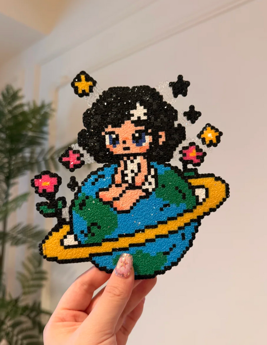 Space Girl & Planet Pixel Charm – Glitter Finish & Yellow Ring – Fantasy Cosmic Decor