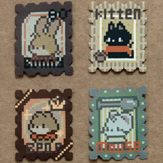Animal Stamp Coaster Set – 4 Vintage Pixel Designs (Rabbit, Cat, Bear & Mouse) – Coaster + Wall Art 2-in-1