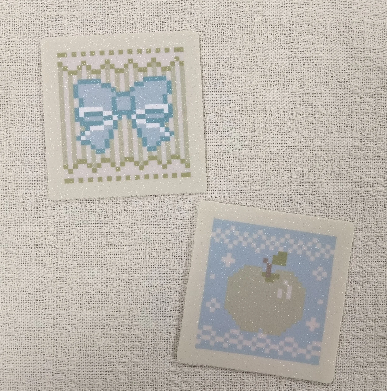 Handmade Blue-Green Perler Bead Coasters – Green Apple & Blue Ribbon