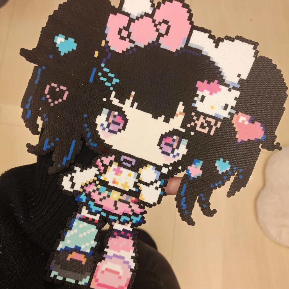 Y2K Anime Girl with Black Hair & Pink Dress – 8×12 Inch Perler Bead Wall Art
