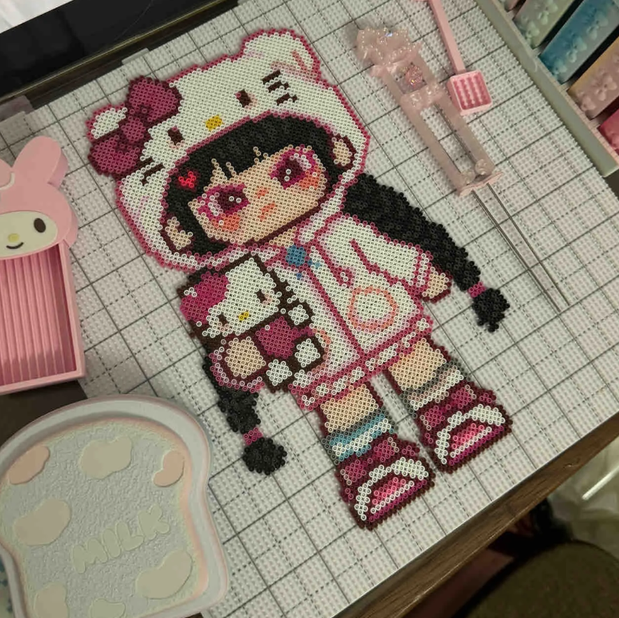 Cat Hood Q-Girl – 30cm Kawaii Perler Bead Wall Art