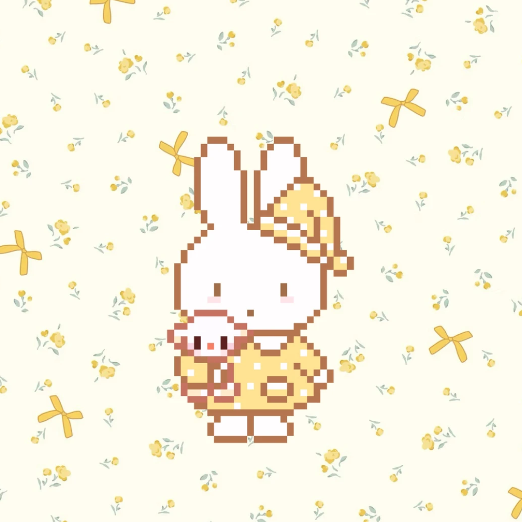 Yellow Bow Bunny – White Rabbit Holding Mini Plush – Perler Art