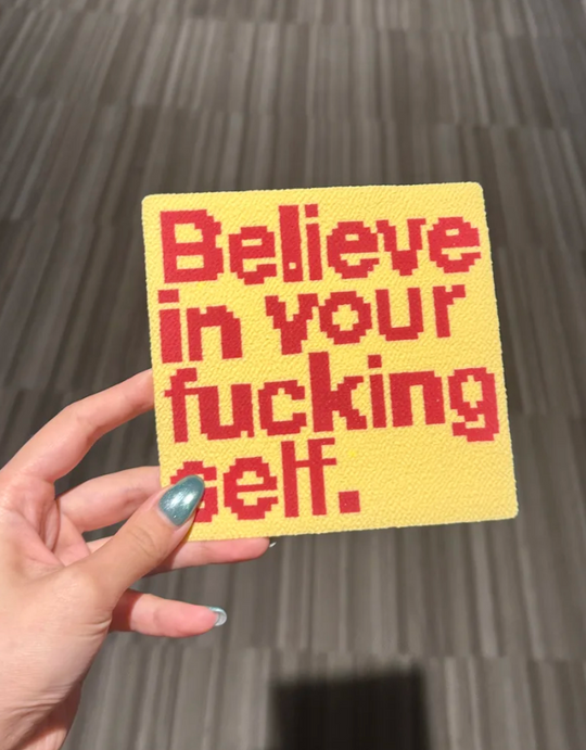 Edgy Motivational Quote Square Perler Bead Coaster | Believe In Yourself Pixel Desk Decor