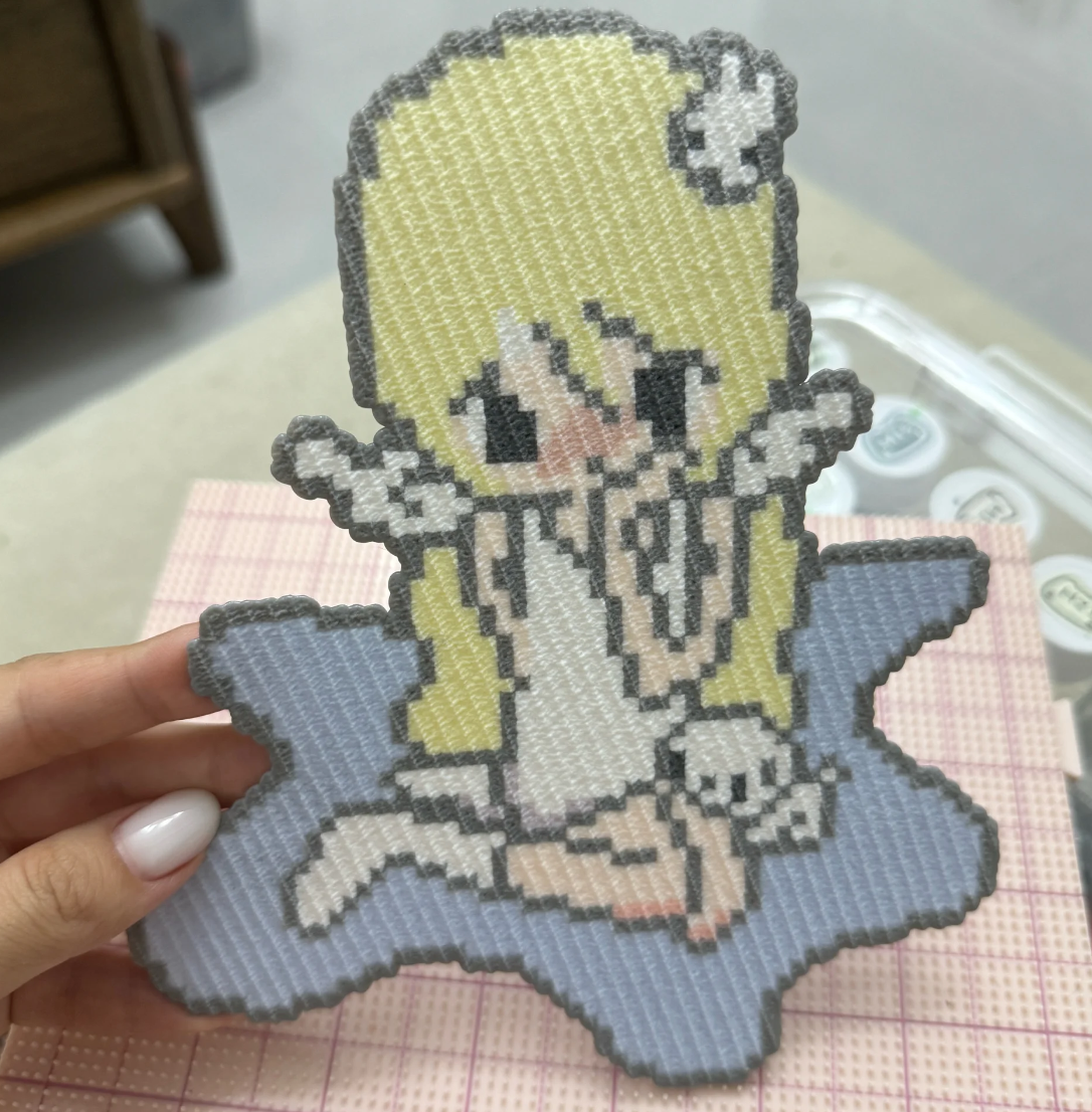 Cloud Angel Girl Pixel Charm – Grey Outline, White Wings & Puppy – Dreamy Fairy Tale Decor
