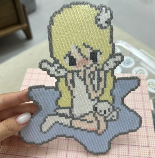 Cloud Angel Girl Pixel Charm – Grey Outline, White Wings & Puppy – Dreamy Fairy Tale Decor