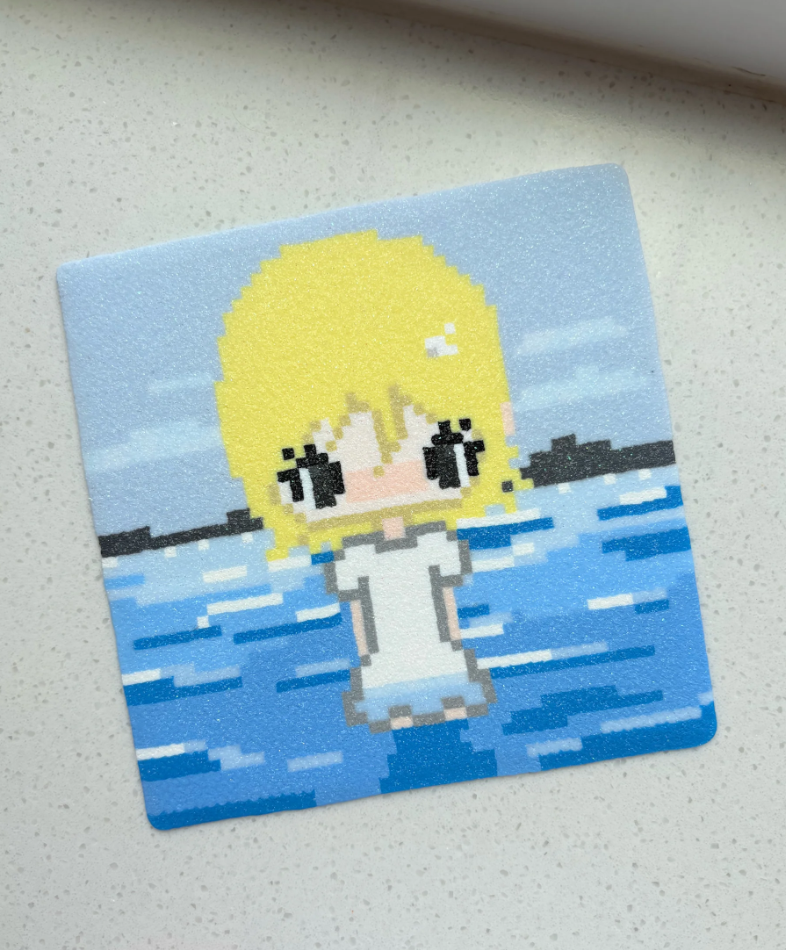 Glitter Square Seaside Anime Girl Perler Bead Coaster | Kawaii Ocean Desk Decor
