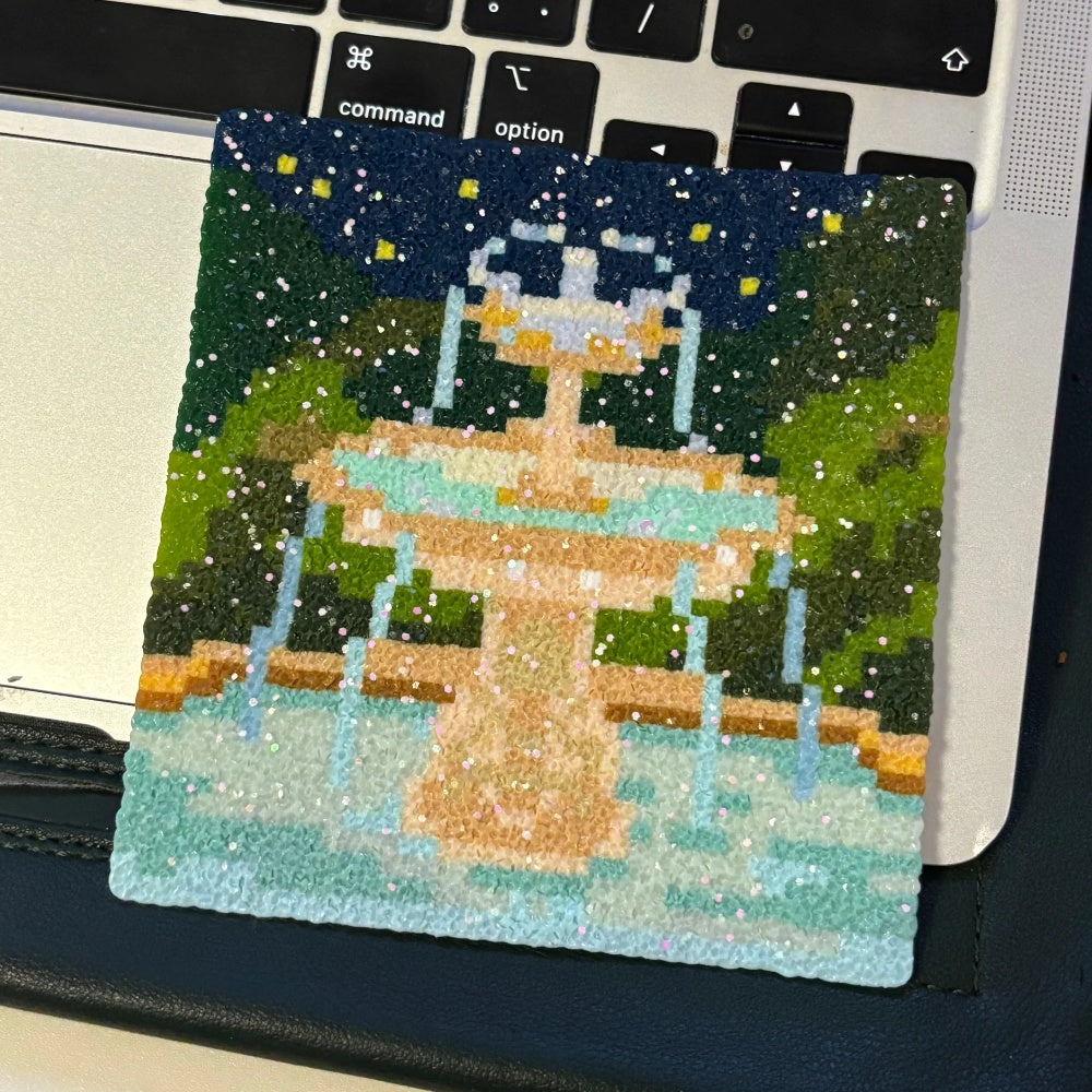 Forest Fountain Perler Coaster – Woodland Spring Pixel Art (5.5"×5.5")