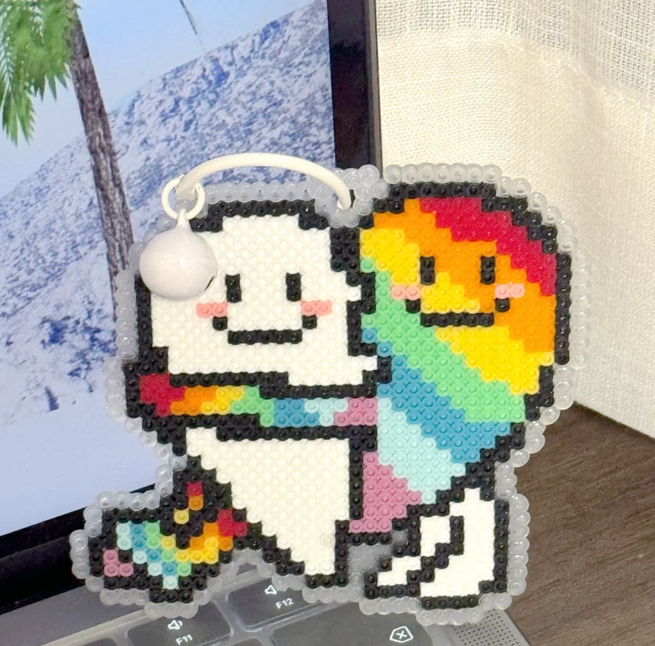 Rainbow Hugging Best Friends Perler Bead Charm With Bell