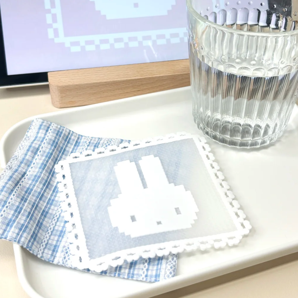 Minimalist Bunny Coaster – White Rabbit on Translucent Grey Perler Bead Art