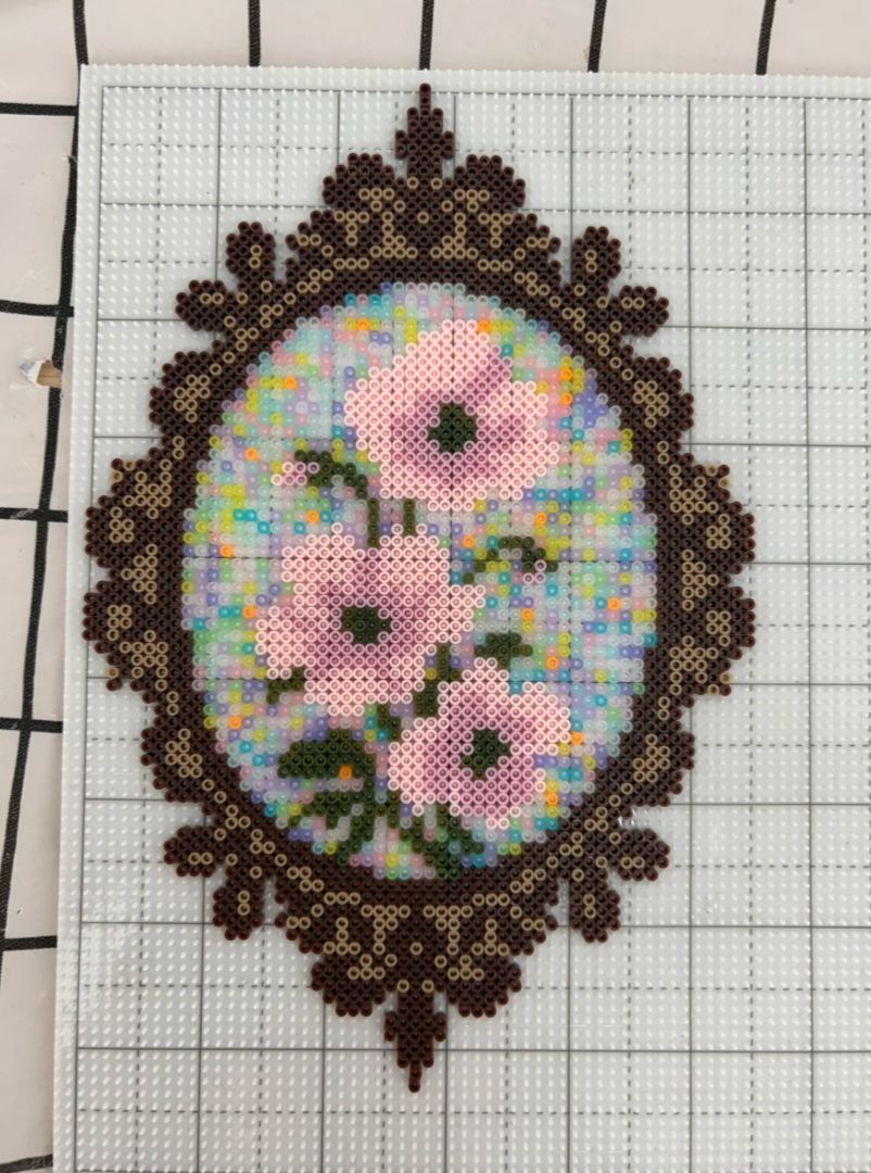 Vintage Ornate Frame Pink Floral Perler Bead Wall Art