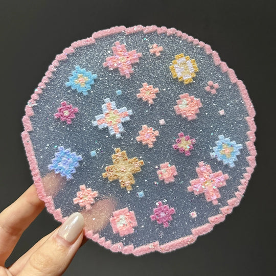 Geometric Pixel Flower Round Coaster