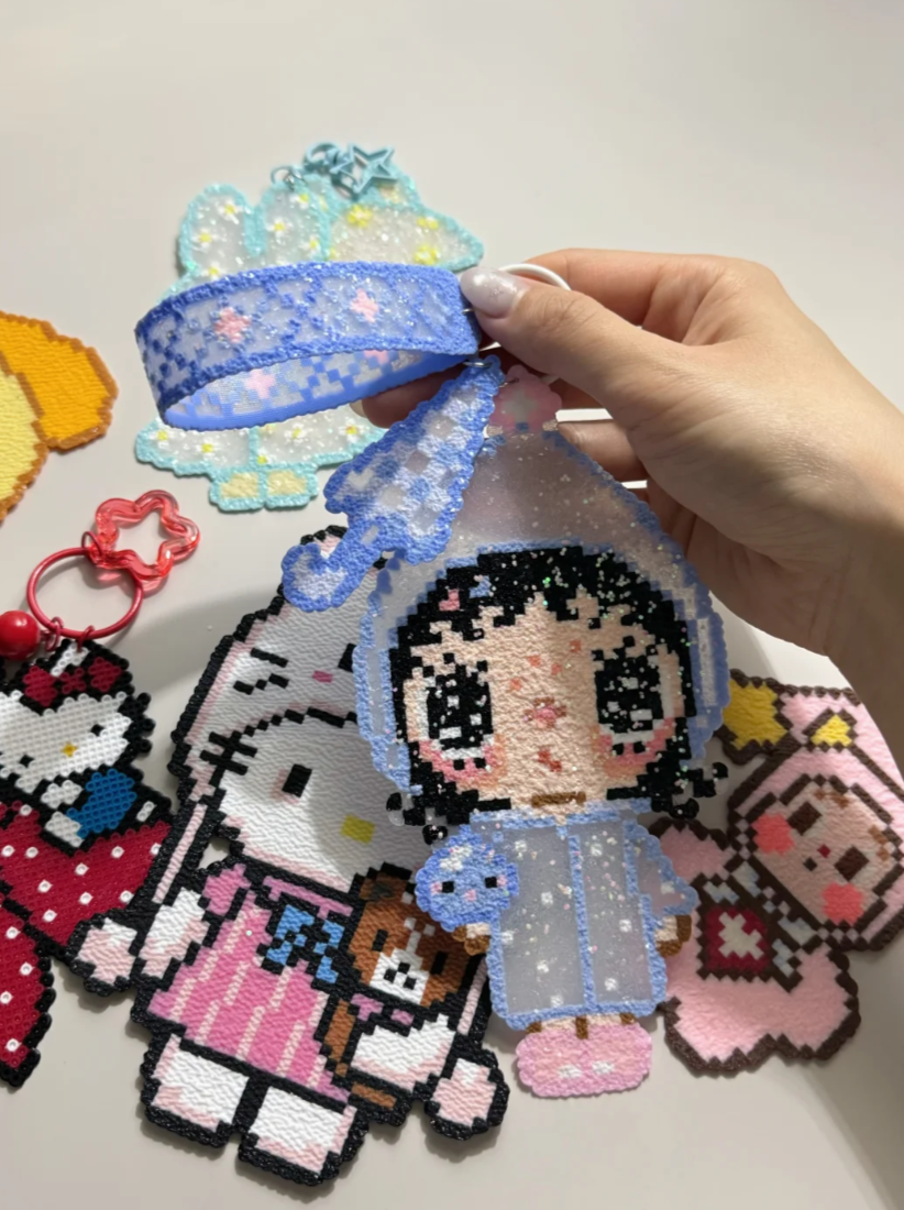 Glitter Translucent Blue Raincoat Little Yuyu Perler Bead Keychain | Rainy Day Kawaii Bag & Car Charm