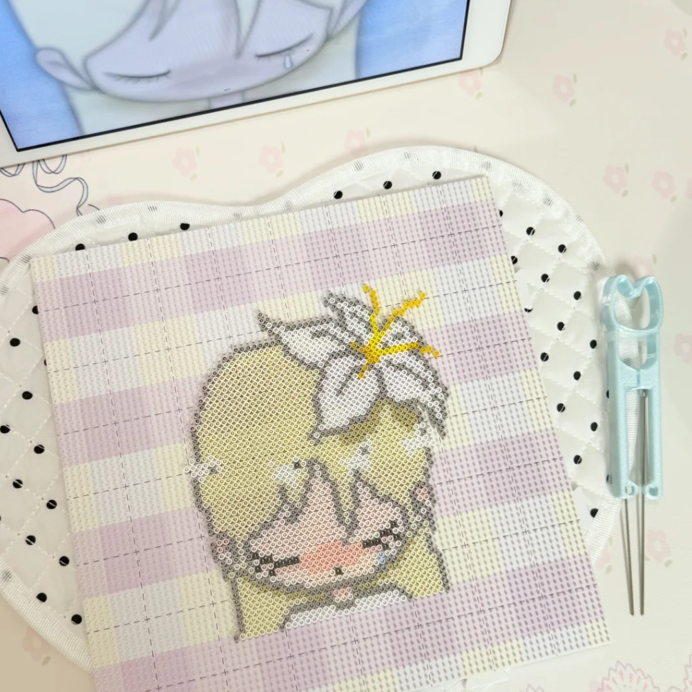 Tearful Girl Portrait – Pattern + Finished Perler Bead Coaster