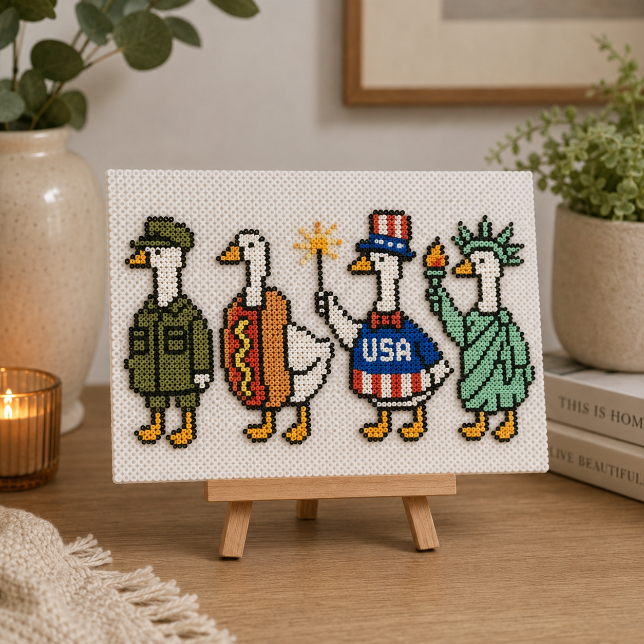 Four American Ducks Perler Art – Military, Hot Dog, Uncle Sam & Statue of Liberty