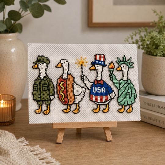 Four American Ducks Perler Art – Military, Hot Dog, Uncle Sam & Statue of Liberty