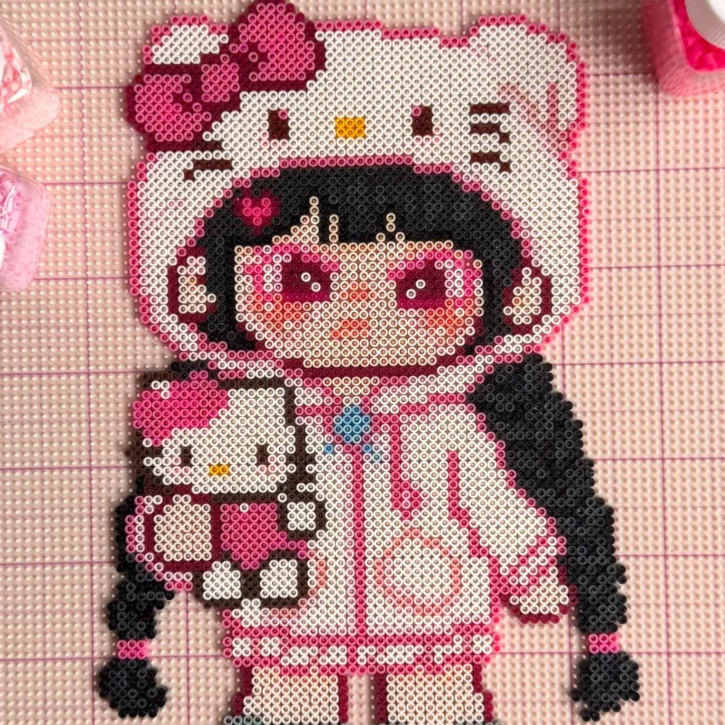 Cat Hood Q-Girl – 30cm Kawaii Perler Bead Wall Art