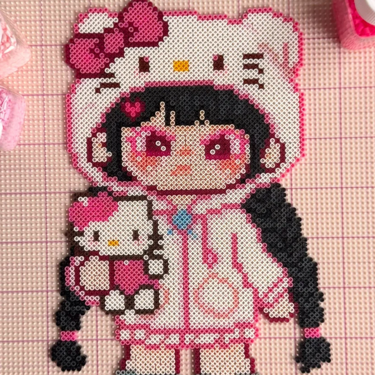 Cat Hood Q-Girl – 30cm Kawaii Perler Bead Wall Art