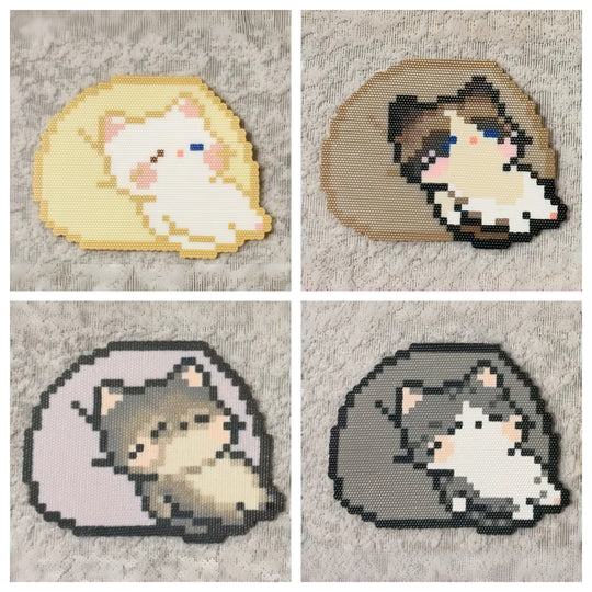 Cartoon Cat on Sofa Perler Bead Coasters – Complete Set of 4 Cozy Kitty Designs