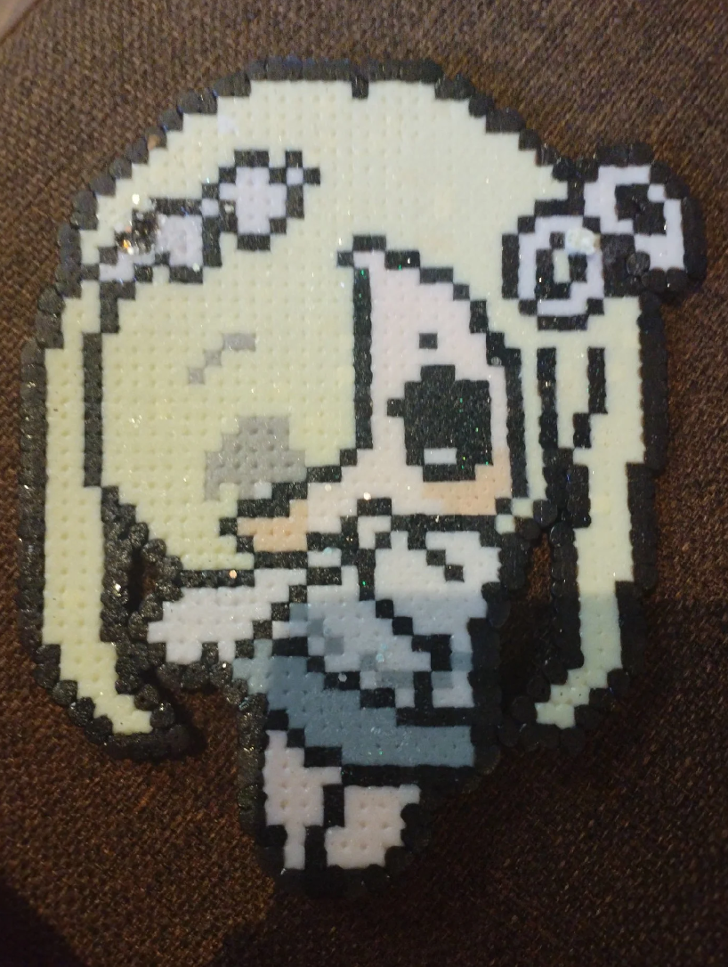 Glitter Twin-Tail Anime Chibi Girl Perler Bead Charm | Neutral Kawaii Anime Backpack Accessory & Coaster