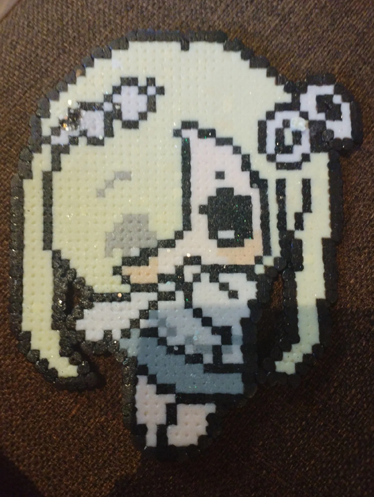 Glitter Twin-Tail Anime Chibi Girl Perler Bead Charm | Neutral Kawaii Anime Backpack Accessory & Coaster