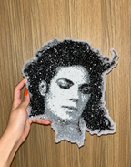 Monochrome Portrait Pixel Art – Glitter Black Hair & Silver Shimmer – Realistic Wall Decor